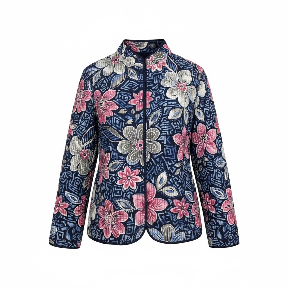 Alfred Dunner Petite Quilted Floral Jacket Navy Pink Open Front 6P